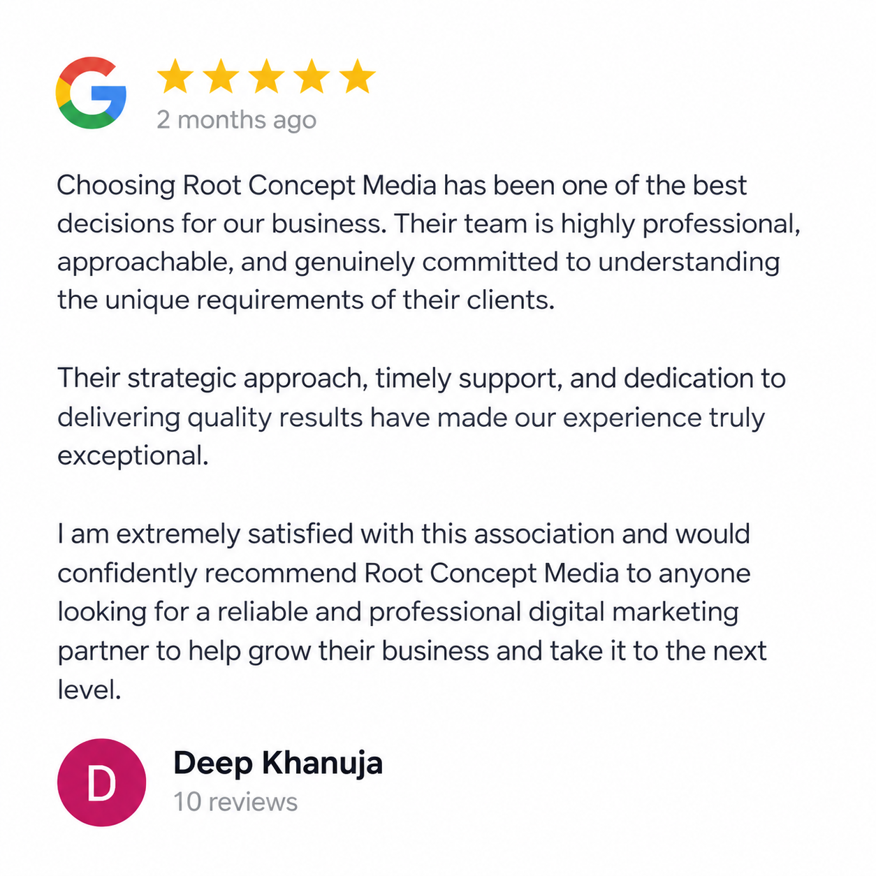 Google review for Root Concept Media