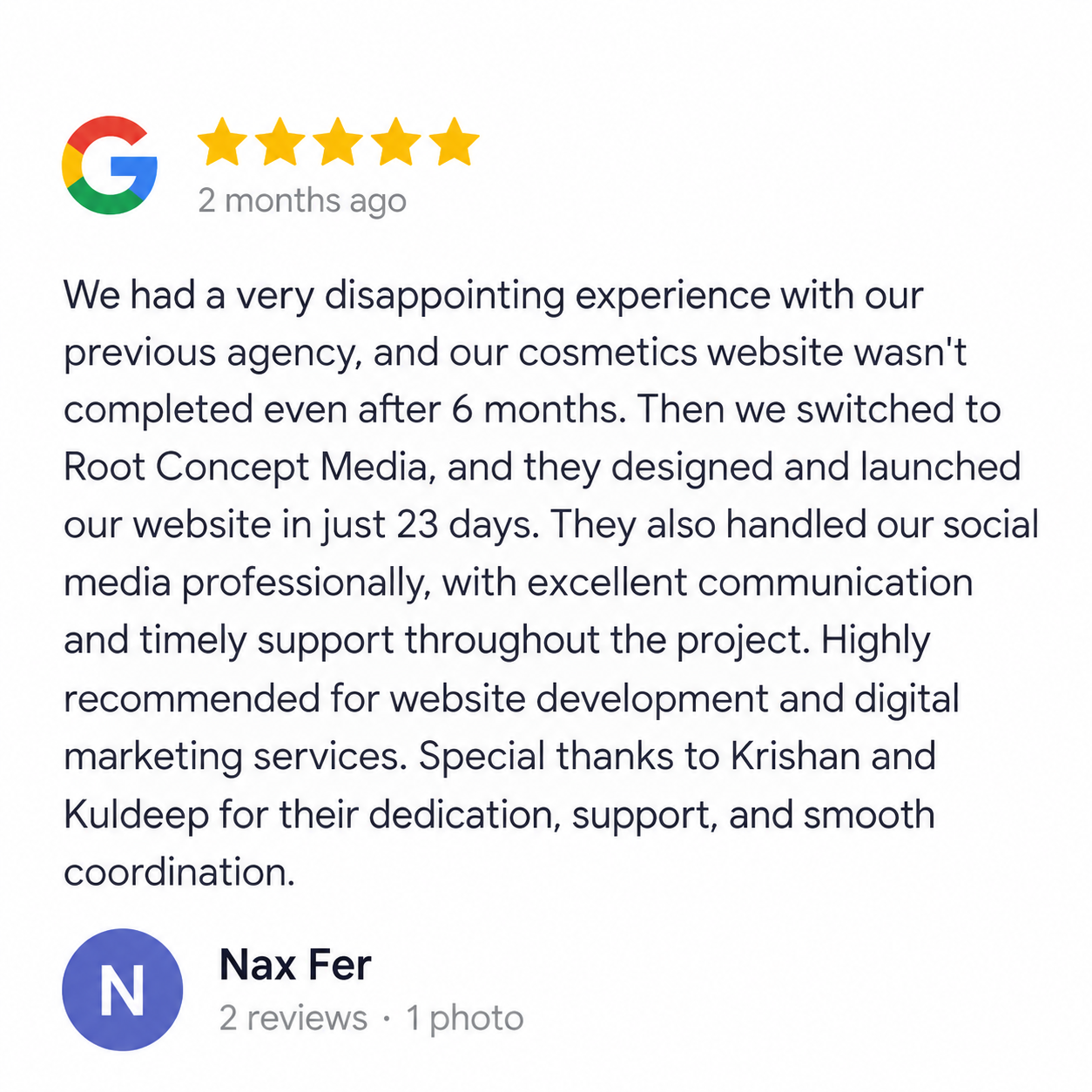 Google review for Root Concept Media